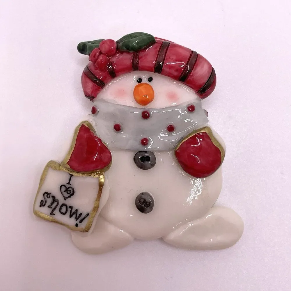 Christmas Brooches Pins Set of 3 Snowmen Santa Red White Blue Enamel Clay Resin